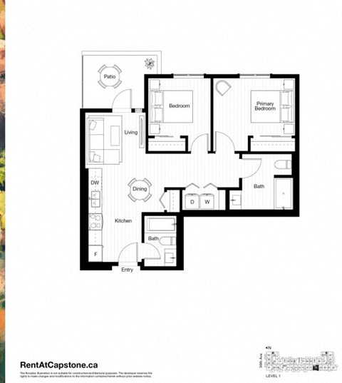 A black and white image of a floor plan for a two-bedroom apartment.